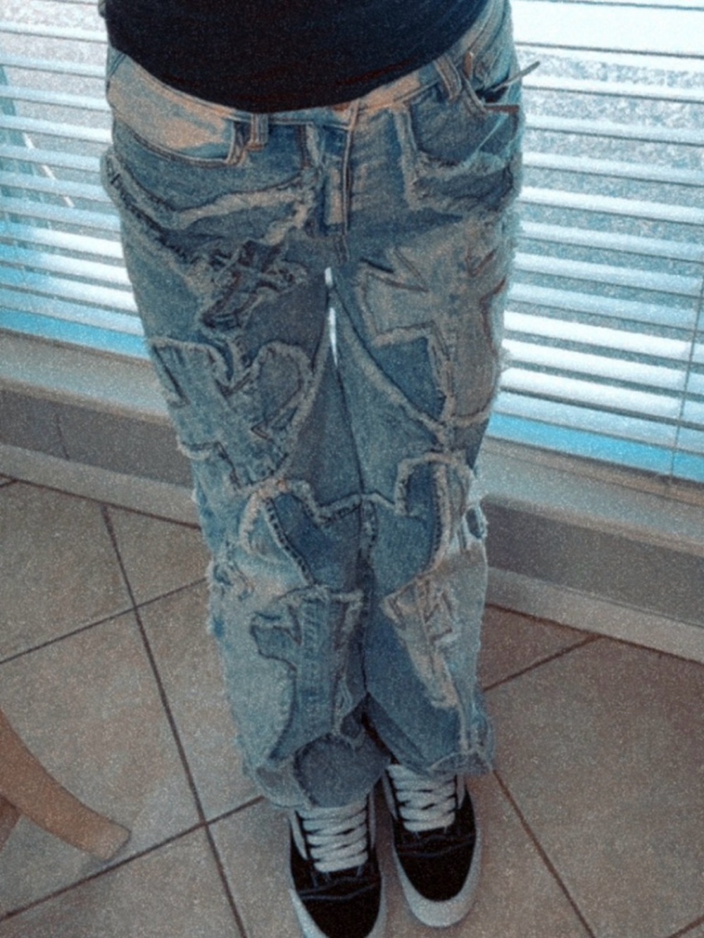Distressed Patchwork cross Blue Women's Jeans